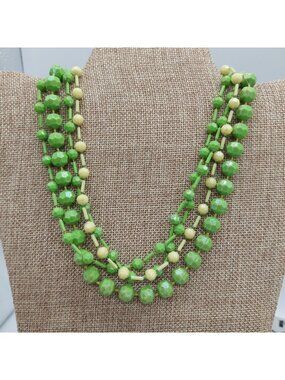 Green Plastic Beaded Multi Strand Necklace Beaded Clasp Choker Vintage